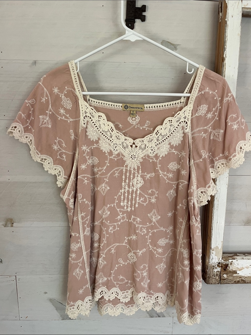Democracy Blush Pink Embroidered Crochet-Trim Peasant Top
